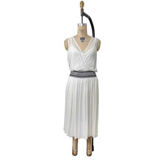 Ella‎ Moss Dress Sheer White Silk B&W Smock Waist Size Medium - Picture 1 of 10